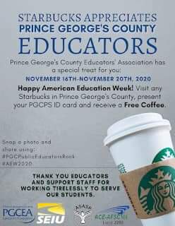 Free Coffee at starbucks this week with Pgcps ID
Location 1: 9100 Alaking Ct Unit 100, Capitol Heights, MD 20743
Location 2: 10621 Martin Luther King Jr Hwy, Bowie, MD 20720
Location 3: 3601 East-West Hwy, Hyattsville, MD 20782
Location 4: 9350 Taj Ln, 20, Lanham, MD 20706