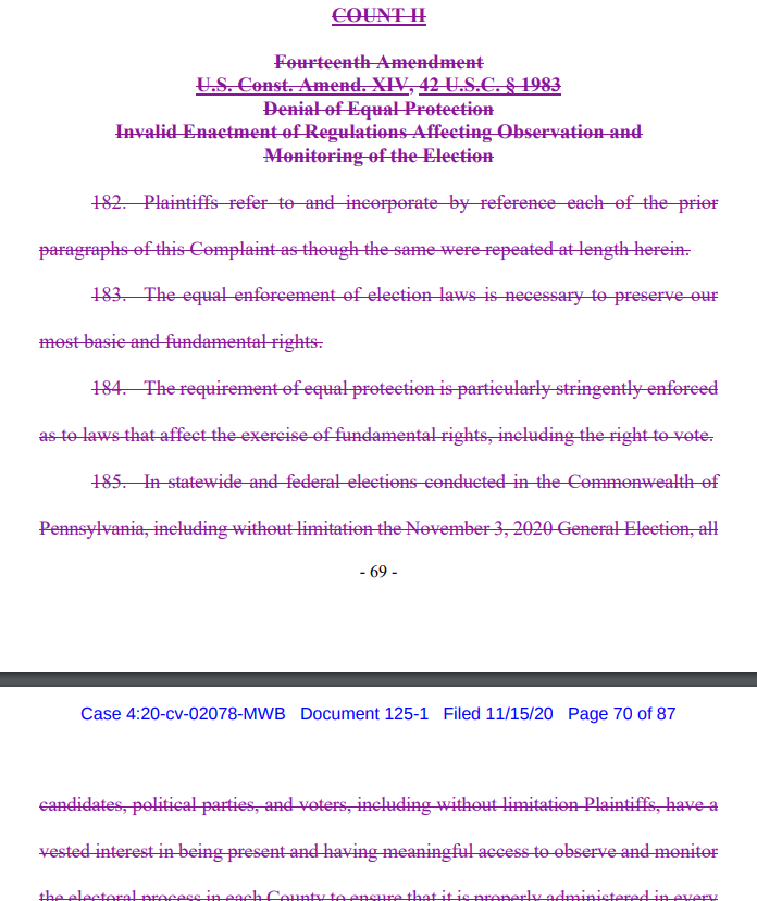 4. To any lawyer, the counts in the complaint & the prayer for relief are where you look to see WHAT THE PLAINTIFF IS ASKING THE COURT TO DO. Which is the bottom line in any civil lawsuit. They asked to throw out votes on this basis, & have now withdrawn that.