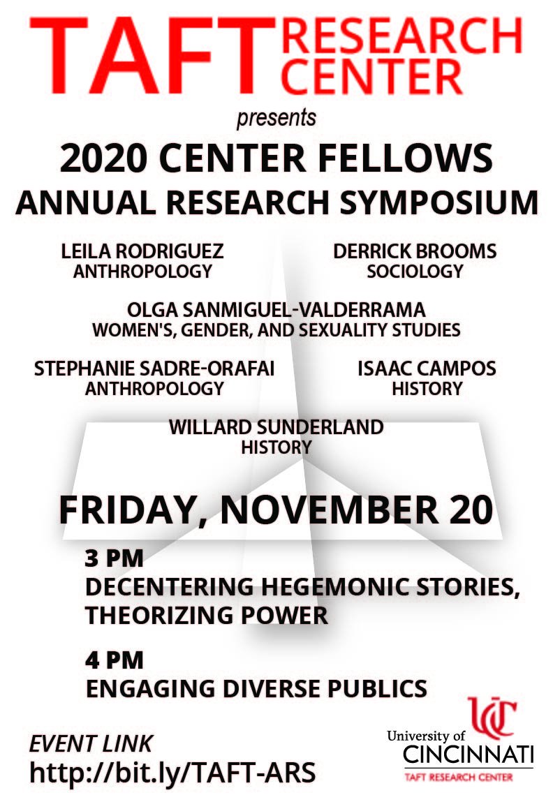 BearcatAnthro's tweet photo. Friday at 4pm! Check out the latest research from UC ANTH faculty Dr. Stephanie Sadre-Orafai and Dr. Leila Rodriguez at the Taft Research Center's 2020 Center Fellows Annual Research Symposium! #AnthMore @UC_ArtSci @UC_WGSS @UCAfricana @sadreorafai @leila_rx https://t.co/QjcuA9ynFB