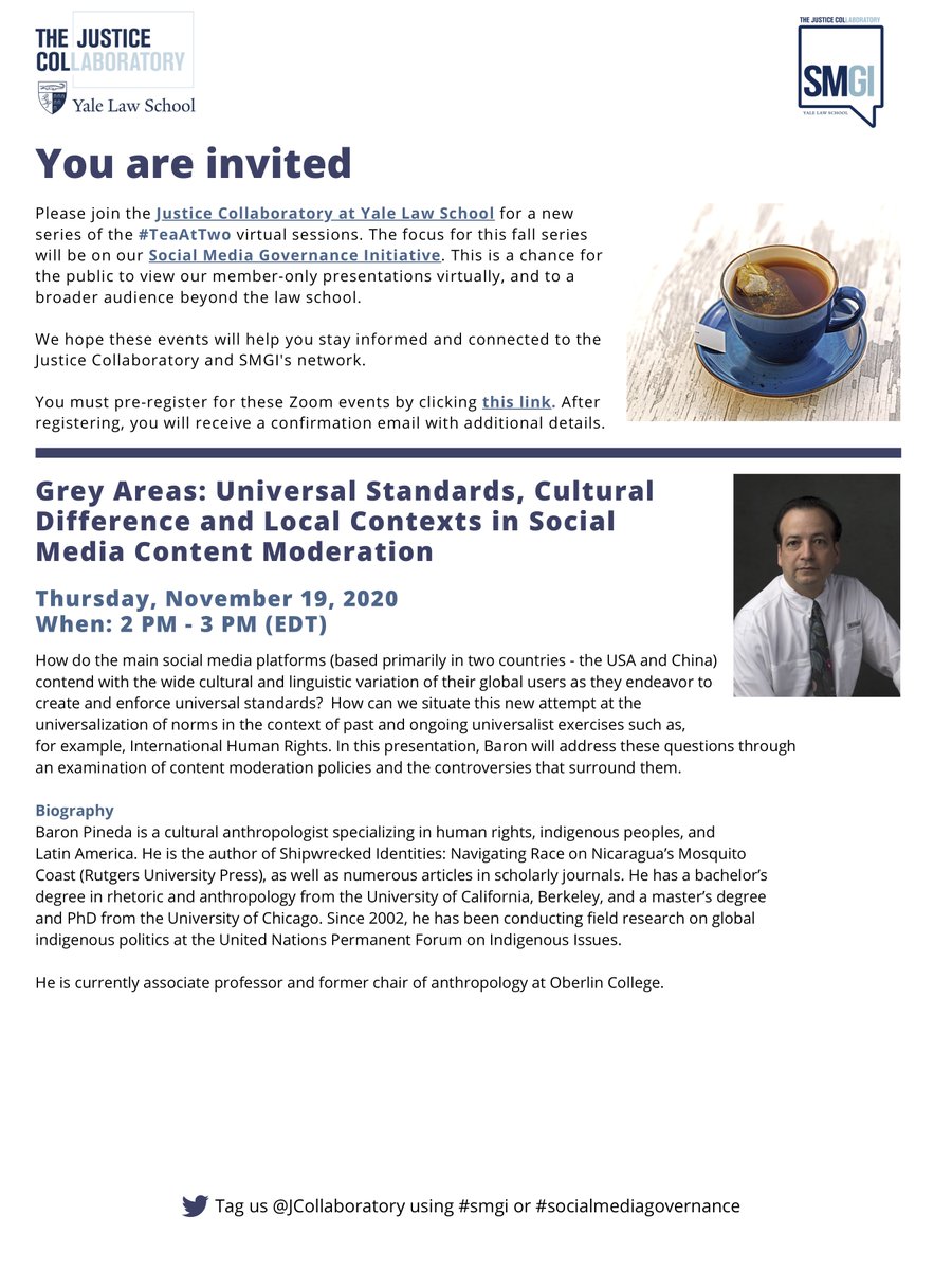 Register for our next #SMGI #TeaAtTwo session here: yale.zoom.us/meeting/regist…
Professor Pineda will talk about US and China attempt to create and enforce universal standards in their content moderation practices on social media platforms. 
#platformgovernance #contentmoderation