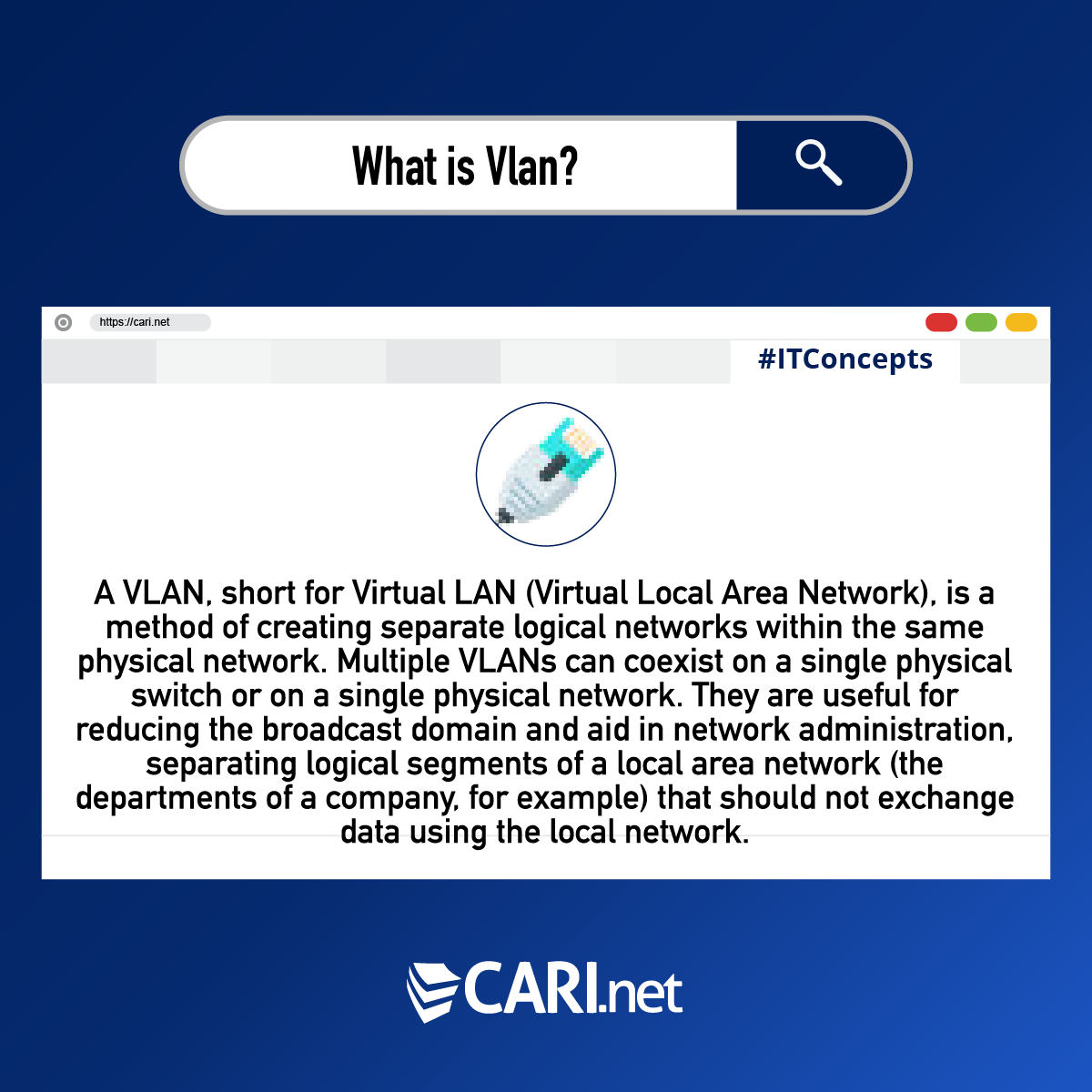 CARInetInc's tweet image. What is Vlan?
A VLAN, short for Virtual LAN (Virtual Local Area Network), is a method of creating separate logical networks within the same physical network. Multiple VLANs can coexist on a single physical switch or on a single physical network. 
#ITConcepts  #FiberAlley