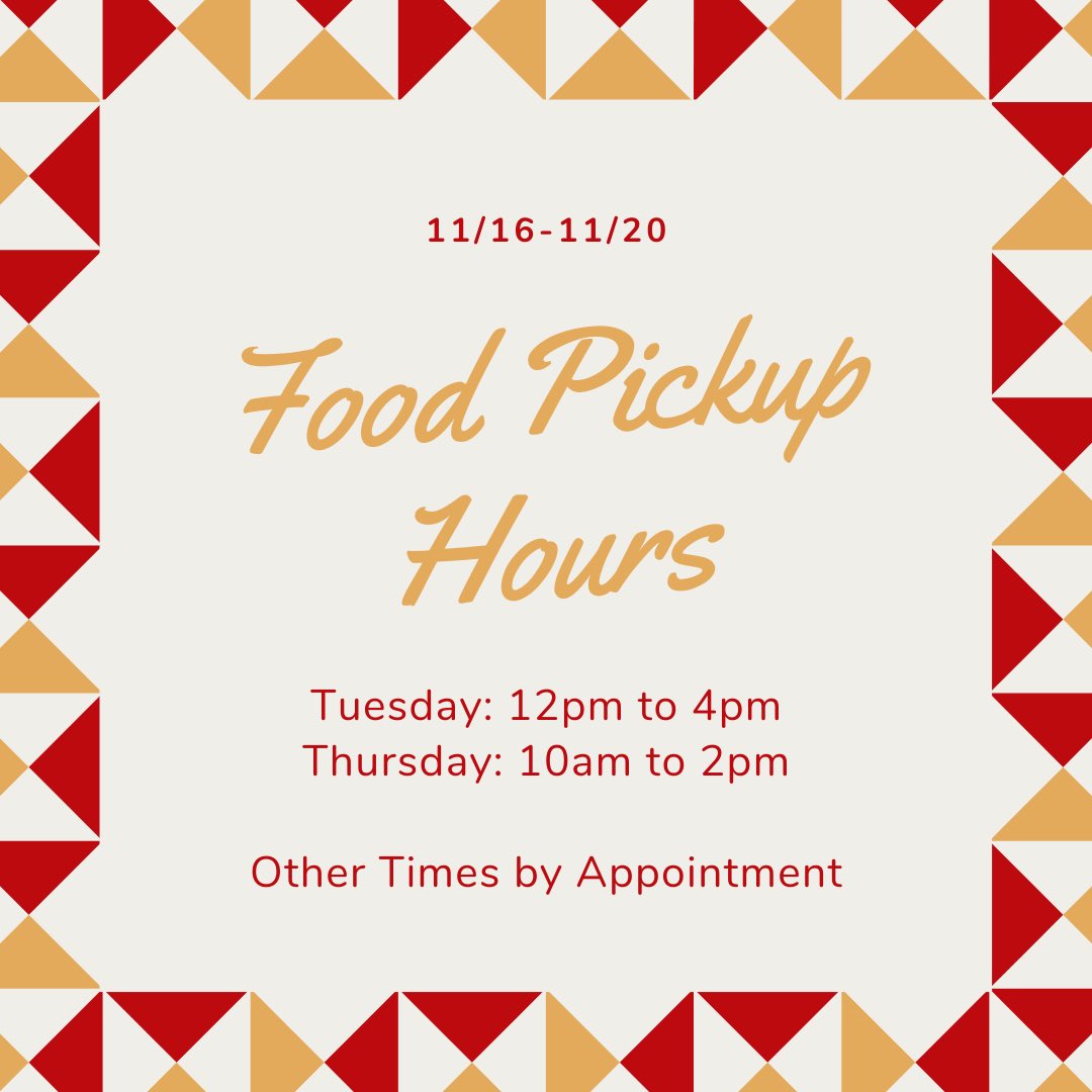 We have different hours this week! Don’t forget to pick up food requests before the break! If these times don’t work for you, let us know and we’ll make an appointment!