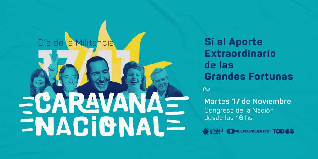 Sabbatella's tweet photo. ✌️🇦🇷☀️ Este martes 17 en el Día de la Militancia, desde las 16 hs. en el Congreso, sumate a la #CaravanaDeLasMilitancias https://t.co/CzSAuK0ltT