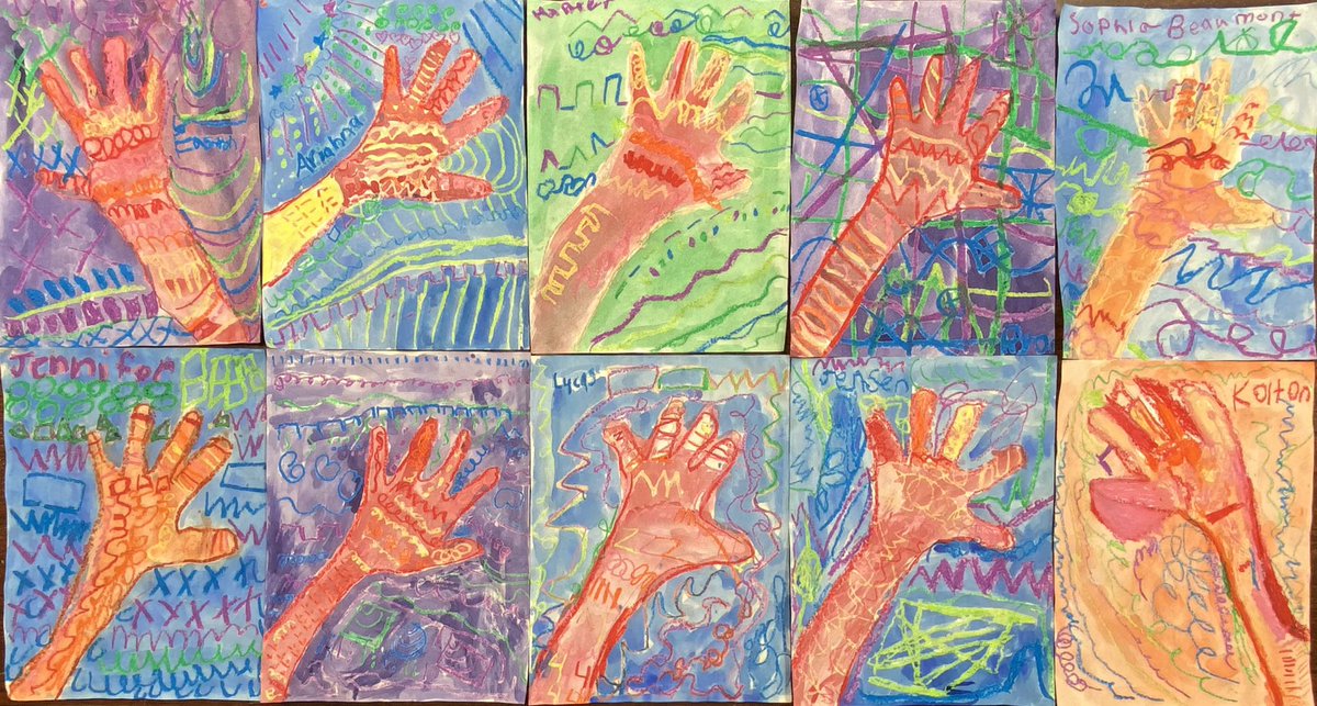 ArtAndMsG's tweet photo. Byesville #secondgrade art classes created this project using their own hands and the warm-cool color scheme. They did an amazing job! #artclass #RHLSD_Colts https://t.co/Y8c1DrD4tU