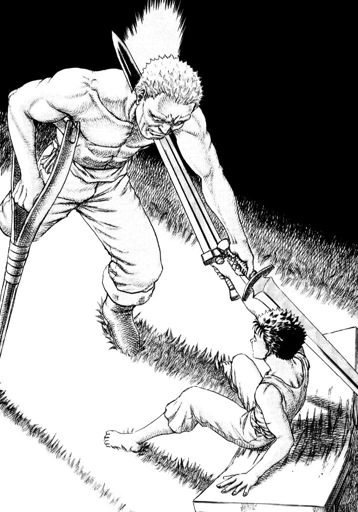 Mais un jour, Gambino perd une jambe au combat et, à partir de ce moment-là, il est persuadé que tout est de la faute de Guts, étant qualifié d’enfant du démon amenant la mort avec lui. Il tente de le tuer mais Guts se défend et finit par le tuer malencontreusement.