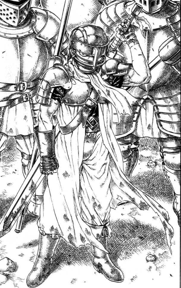 La dernière lueur d'espoir de Guts venait de s'éteindre. A partir de ce jour il passa sa vie à être mercenaire et la guerre était devenue son métier. Il vaquait de troupe en troupe pour gagner sa croute. Mais un jour il tomba sur Griffith et la troupe du faucon