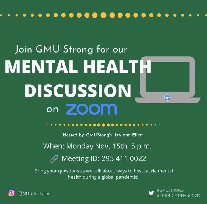GabbyVargasPR's tweet photo. Need a safe space to talk about mental health during Covid with fellow students? Join #GMUStrong on Zoom @ 5PM! Hosted by Elliot @Elliot_Math_Use and Ifey @LifeIsIfey ✨ #MimsPR #StrongerthanCovid https://t.co/ElyAvDHGBB