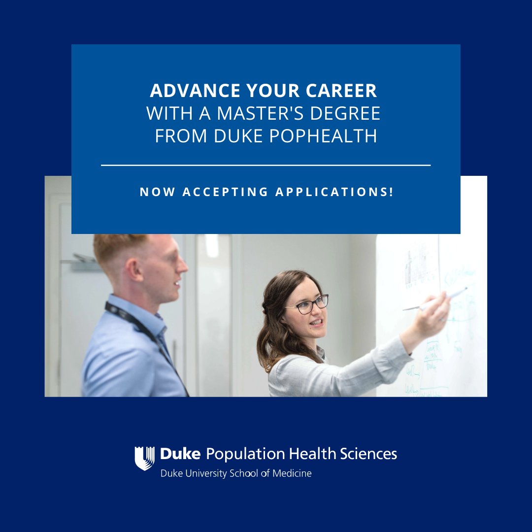 duke_pophealth's tweet photo. There's never been a better time to advance your career with a degree from #DukePopHealth. Learn how to implement real #healthcare change from @DukeU's experts & tap into everything Duke has to offer, including a network of 170,000+ alumni. Apply now: https://t.co/o5giAhsb2L https://t.co/6XkM98nUgB