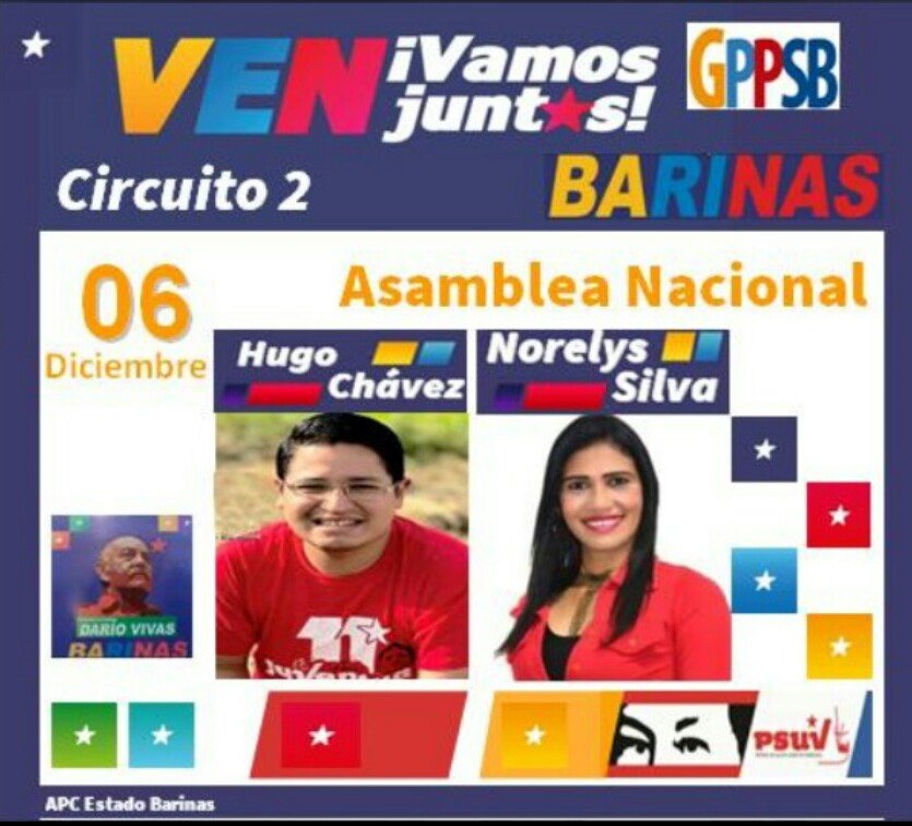 oaivssbarinas's tweet photo. 🇻🇪|📢 #DelInteres | #IVSS te presentamos los candidatos a la Asamblea Nacional por el circuito 2 @NorelysSilva6 y @hugochavezpsuv candidatos del pueblo #OAIvss #PorUnSeguroMasSocial #VenVamosJuntos6D @NicolasMaduro @MagaGutierrezV @ivssoficial https://t.co/fmGorCAjzF