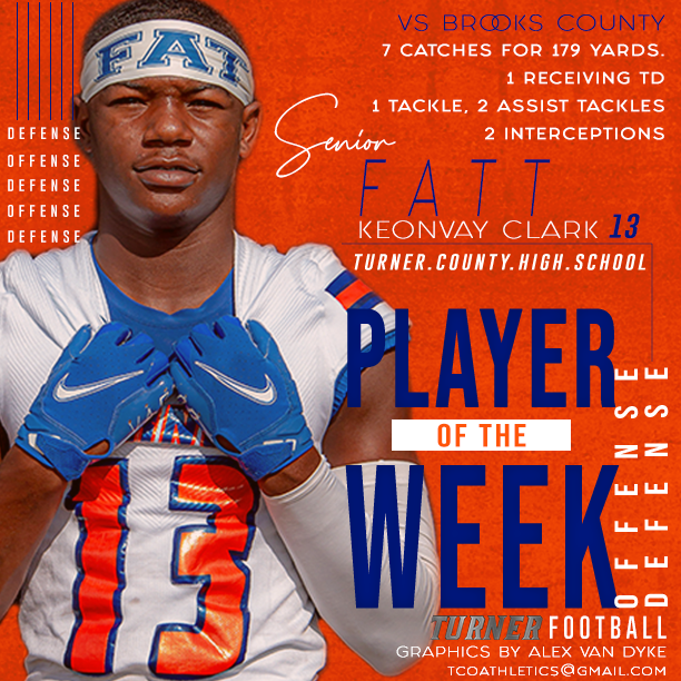 Turner Co. High School Athletics (@turnercohighsc1) on Twitter photo Your #TurnerFootball Player of the Week vs Brooks County High School
OFFENSE & DEFENSE #13 K. CLARK <a href="/RecruitGeorgia/">Recruit Georgia</a> <a href="/nate_smith_9/">Nate Smith</a> <a href="/TurnerCountyFB/">TURNER COUNTY FOOTBALL</a> Your #TurnerFootball Player of the Week vs Brooks County High School
OFFENSE & DEFENSE #13 K. CLARK <a href="/RecruitGeorgia/">Recruit Georgia</a> <a href="/nate_smith_9/">Nate Smith</a> <a href="/TurnerCountyFB/">TURNER COUNTY FOOTBALL</a>