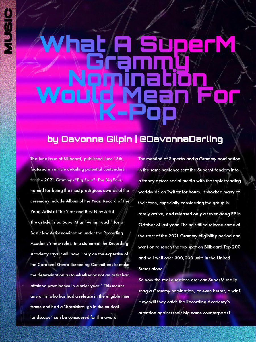 envimediaco's tweet photo. From our first issue, check out this wonderful piece by @DavonnaDarling on how awards nominations, like the Grammys, benefit the K-Pop genre as a whole #EnVi https://t.co/WaHVQjuvMn