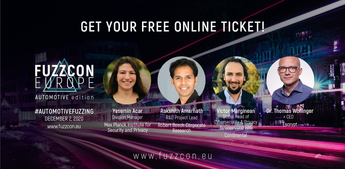 CI_Fuzz's tweet image. What a line-up! 🚗

Join the conversation at #FuzzCon - Automotive Edition on December 2nd to learn about the role of #fuzzing in #automotive software security.

@yazz_acar 
@rakshith_a 
@victormarginean
&amp;amp; Thomas Wollinger

100% free and online: fuzzcon.eu