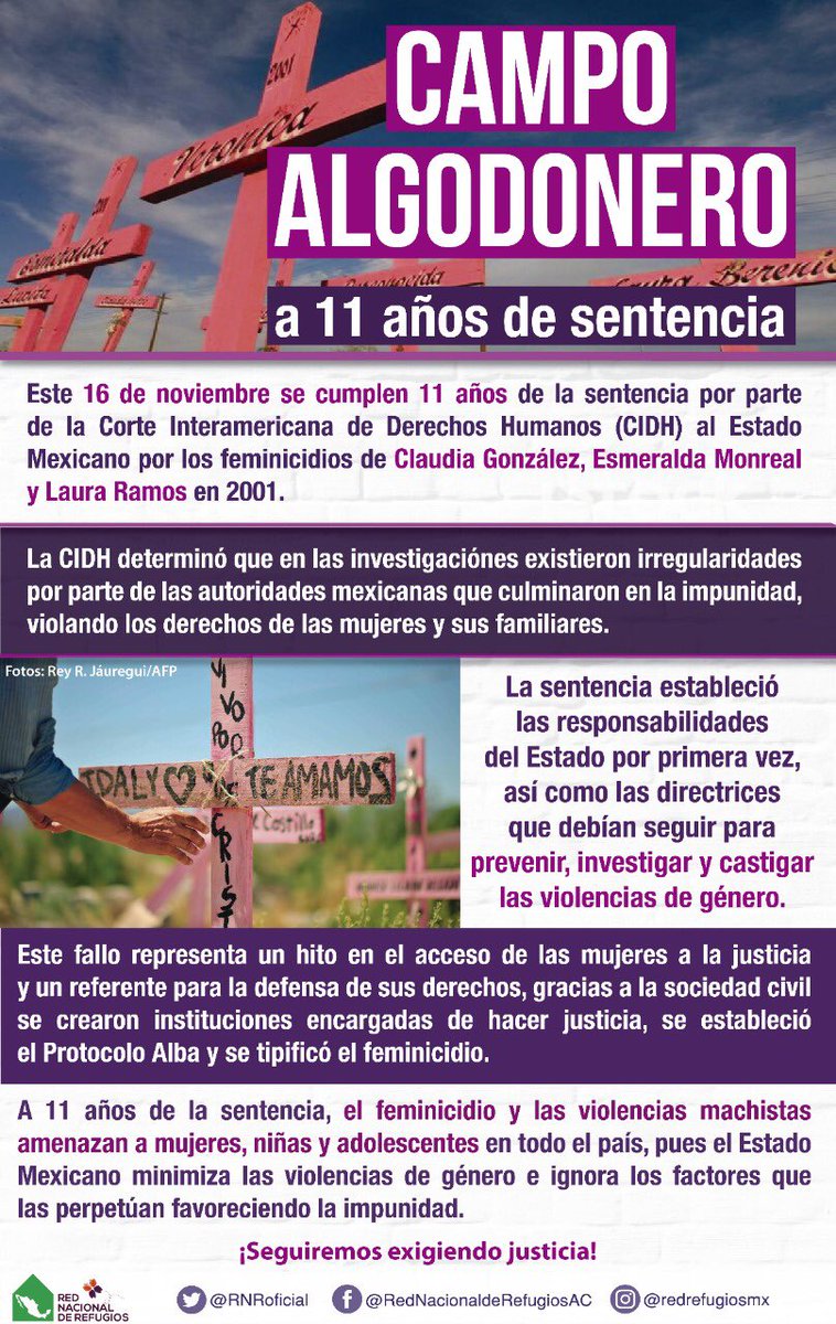 RNRoficial's tweet photo. 📣¡Ni perdonamos, ni olvidamos! ¡Hasta que la dignidad se haga costumbre! 

🗓 Hoy se cumplen 11 años de la Sentencia de #CampoAlgodonero y el Estado Mexicano sigue siendo omiso ante el incremento de los feminicidios y violencias machistas perpetuando la impunidad

#NiUnaMenos https://t.co/iU2UcZY9TU