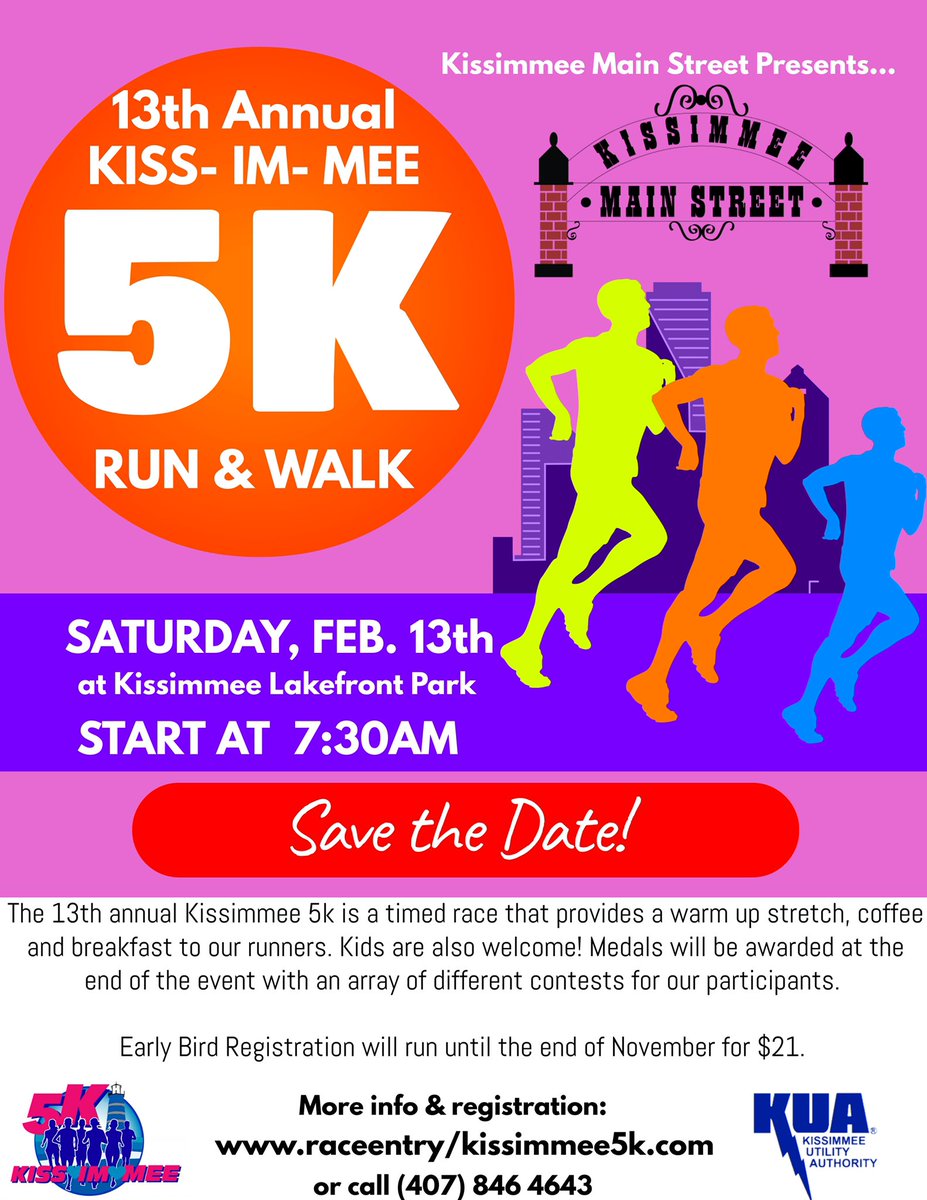 Early Bird Registration for our 13th annual Kissimmee 5k Run &amp; Walk is now OPEN ❤️

Save $2 if you share the registration forum via Facebook upon completion. Early Bird ends at the end of the month ‼️

REGISTER: raceentry.com/races/kiss-im-…

DONATE ❤️: raceentry.com/races/kiss-im-…