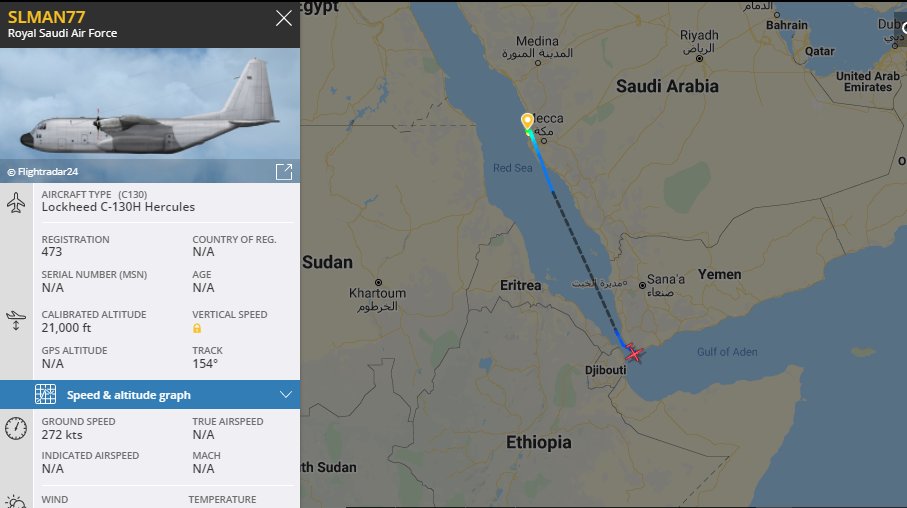 5472_nde's tweet photo. Couple of #SaudiAF C130H operating #Yemen today:
0800z: SALMAN77 serial 473 from Jeddah to #Aden and depart.
0658z: SALMAN76 serial 1622 from Riyadh to #Socotra
#HornOfAfrica https://t.co/1XbPBMhhAO