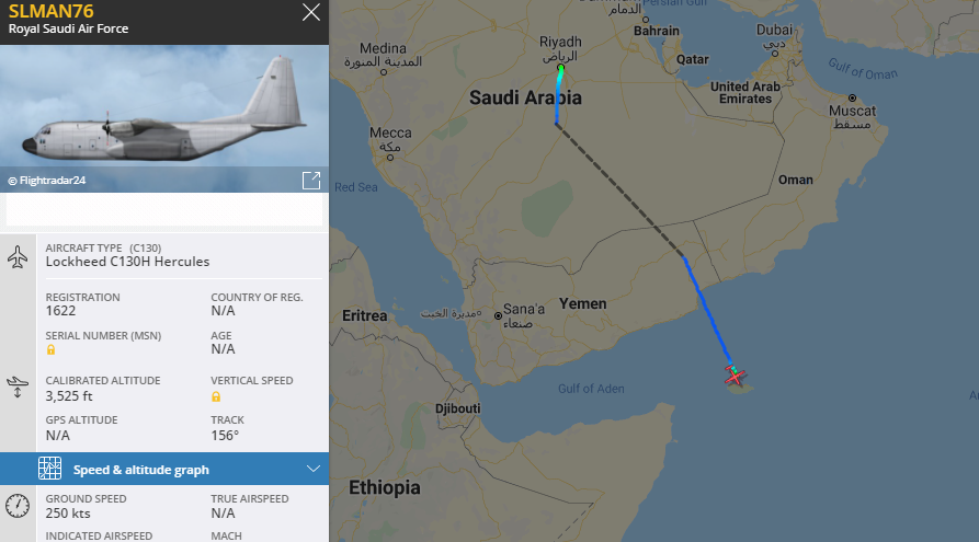 5472_nde's tweet photo. Couple of #SaudiAF C130H operating #Yemen today:
0800z: SALMAN77 serial 473 from Jeddah to #Aden and depart.
0658z: SALMAN76 serial 1622 from Riyadh to #Socotra
#HornOfAfrica https://t.co/1XbPBMhhAO