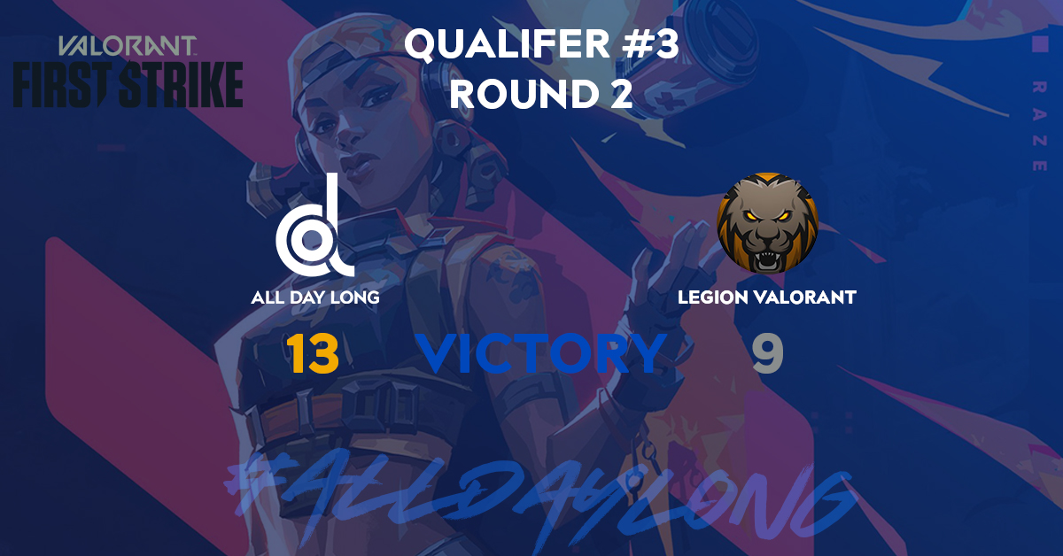 First Victory today secured against <a href="/LEGION_LEG/">LEGION</a>. Well played boys let's win #AllDayLong today. Next game against <a href="/NerdTownVLRNT/">Nerd Town eSport Valorant</a>. <a href="/PlayVALORANT/">VALORANT</a>