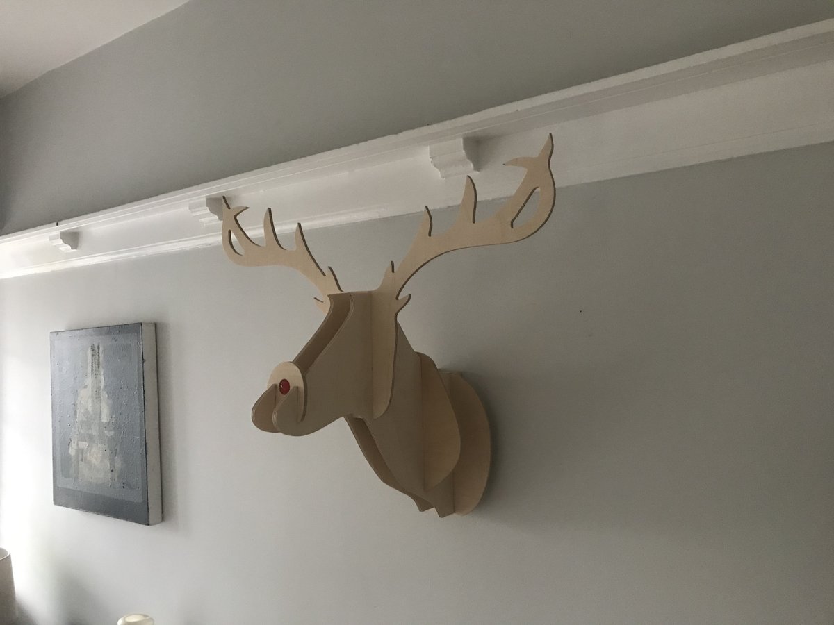 NickLawrenson's tweet photo. Made some of these for family last year and they went down well so doing a run of them in a few weeks if anyone wants one. 
6mm birch ply, slot together, 60cm across the antlers [for scale].
£22 for a plain one, £29 with red LED nose, posted [flat) at cost. fittings inc. DM me https://t.co/DqqvA4Du3a