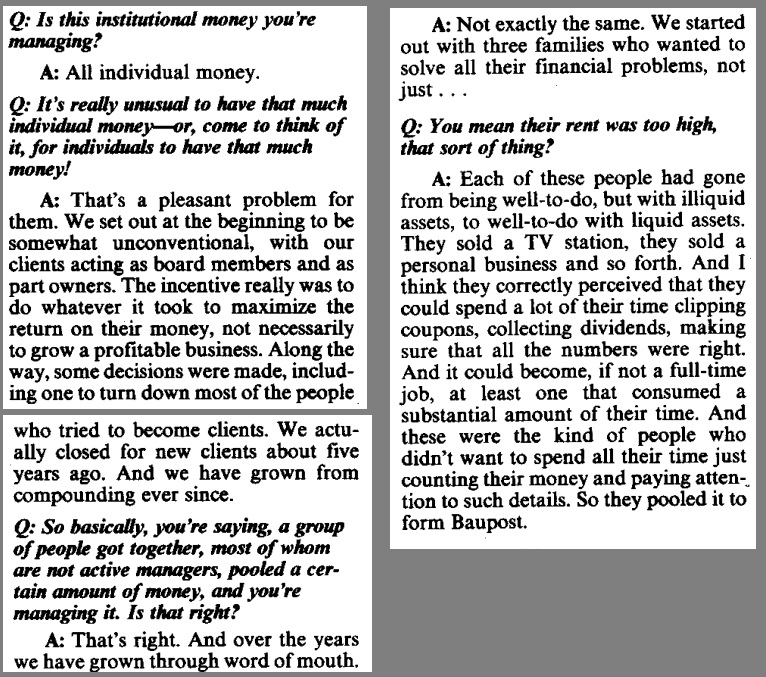 Seth Klarman in 1991: "I traded my first stock when I was 10.""We set out at the beginning to be somewhat unconventional, with our clients acting as board members and as part owners.""We started out with three families. Each of these had had [a liquidity event.]"