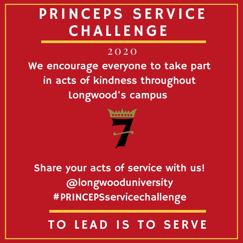 LancersLead's tweet photo. This year Princeps is encouraging all students to take part in acts of service throughout Longwood campus! Participate and share them with @longwoodu 

#PRINCEPSservicechallenge #citizenleader #lancerslead https://t.co/XzgmJRwsuI