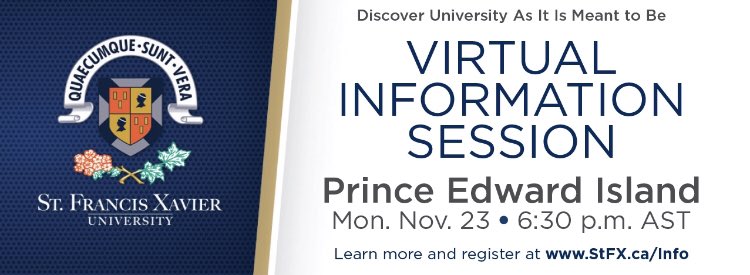 StFXNia's tweet photo. We are one week away from our virtual #StFX info session for #PEI students! To register, please visit:

https://t.co/fGU0yf1ClX https://t.co/nW5OQUn0pB