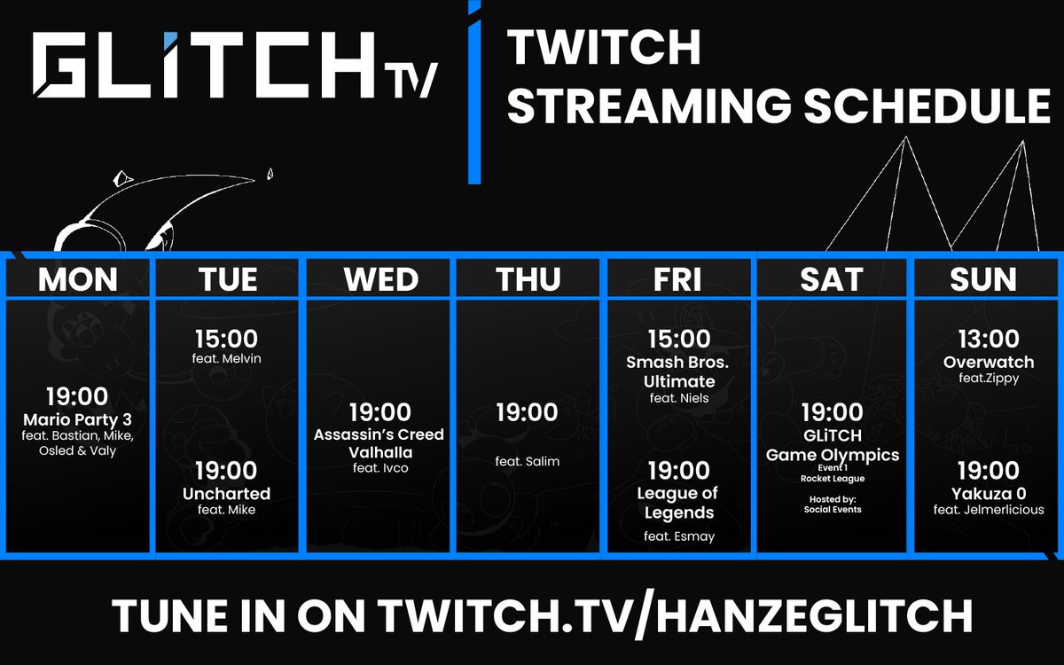Yo guys we got something for you 🤗
This is our streaming schedule for this week!

Our Mario Party 3 collab stream is happening right now!

As always tune in on: twitch.tv/hanzeglitch