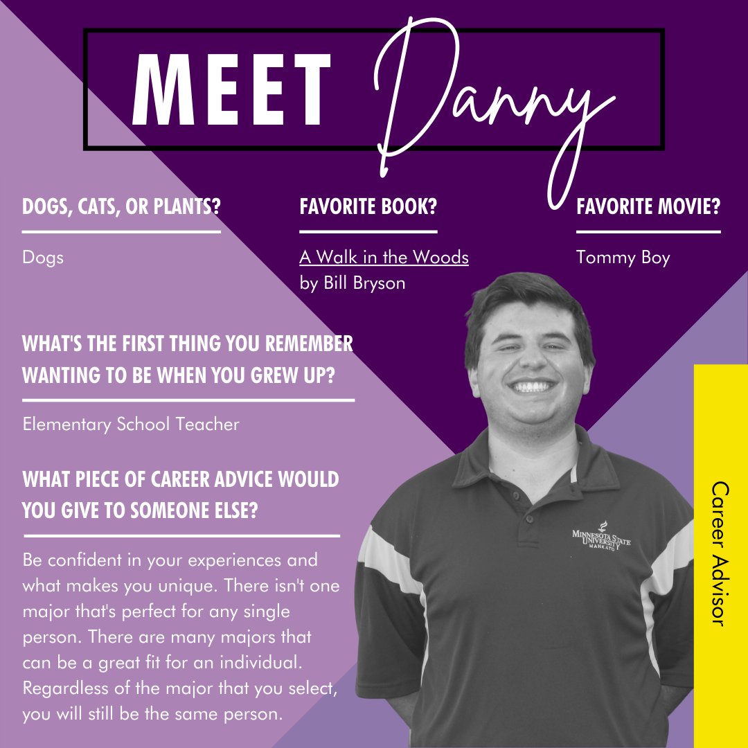 cdcmnsu's tweet photo. #MeetUsMonday 🤝 💼 ⭐️ We've missed being able to interact with all of you in person - So, even thought we can't do it face-to-face, we thought we would introduce ourselves and help you get to know us! Meet Danny! One of our CDC Career Advisors. #MSNU #MavFam @MNSUMankato https://t.co/DeHWfF1e61