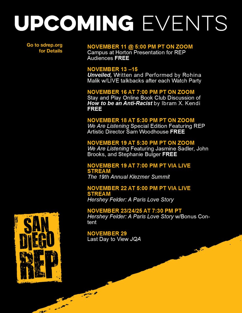 SanDiegoREP's tweet photo. We've got some great events happening this week - including two back-to-back We Are Listening conversations ! Here's the summary of all that's happening in November. Visit https://t.co/KOgpcHh6Fw or our Facebook event postings for more details! #sdrep #sdtheatre #virtualtheatre https://t.co/frsVb2UbAW