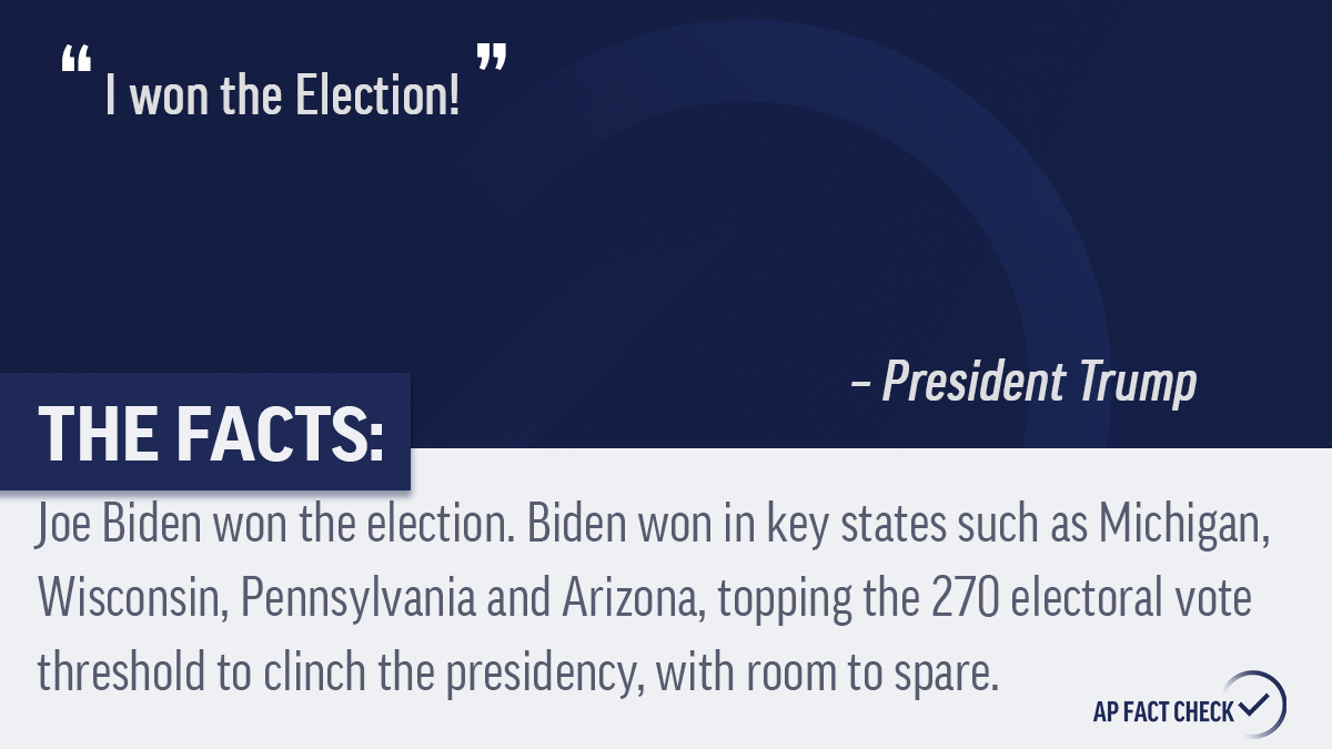 APFactCheck's tweet photo. President Trump's tweet Monday sought to perpetuate the mathematically impossible and thoroughly debunked myth that he pulled out a victory from the election that definitively chose Democrat Joe Biden as the next president. #APFactCheck 

Read more: https://t.co/5x1pvHbEnf https://t.co/HcCU2kX3YW