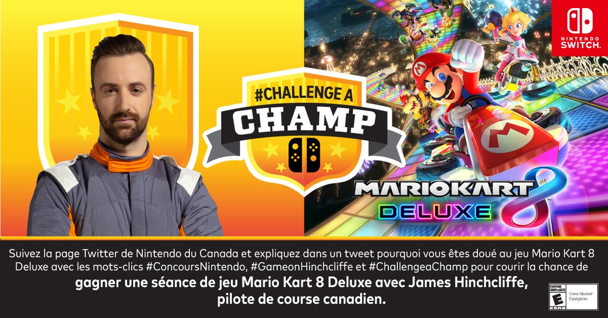 NintendoCanada's tweet photo. Vous croyez pouvoir dépasser James Hinchcliffe dans #MarioKart8Deluxe? Pour participer :
1) Suivez notre page Twitter.
2) À l’aide des mots-clics #GameonHinchcliffe, #ChallengeaChamp et #ConcoursNintendo, gazouillez pourquoi vous êtes doué au jeu Mario Kart 8 Deluxe. https://t.co/DDj6lUs1Iq