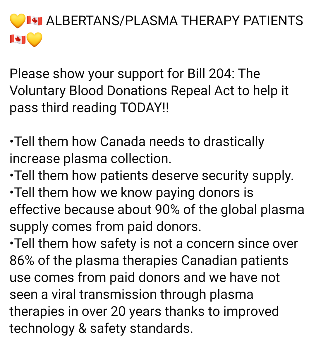 Plasma4All's tweet photo. Please show your support for #bill204 &amp; the need to pay #plasma donors! 

#ableg #plasmaforall #paidplasma #payingdonorsWORKS #BloodyWellPayThem https://t.co/Xzv7beF87W