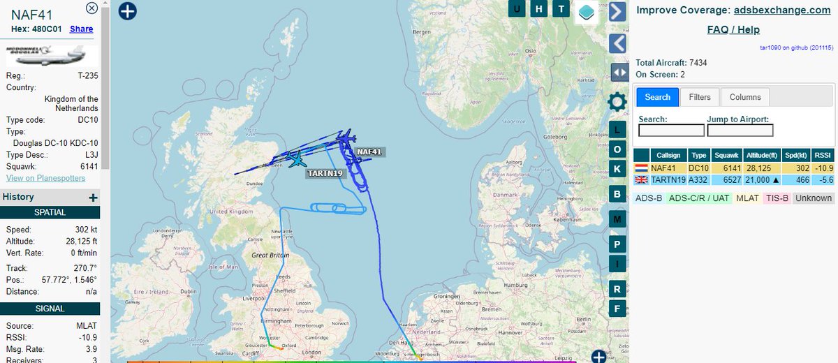 5472_nde's tweet photo. 1807z: On tanking sorties over North Sea off coast UK are:
TARTAN19 ZZ336 #RAF KC3
NAF41 T235 #NetherlandsAF KDC10. https://t.co/U0XEQ9pD8M