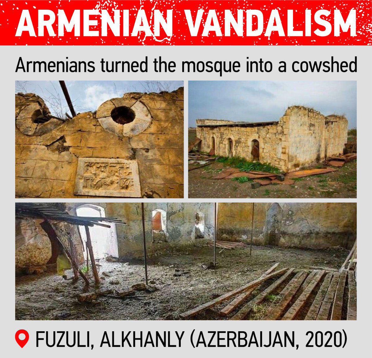 gun_khalaf's tweet photo. #Armenia turned mosque in #Fuzuli, #Karabakh to cowshed. International community has to help #Azerbaijan to protect the world heritage. #criminalArmenia #ISESCO #UNESCO
#StopArmenianVandalism  
#aggressorArmenia https://t.co/JP9Urqs2Xu