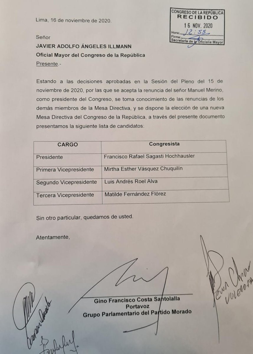 CostaGino's tweet photo. Acabamos de presentar lista encabezada por Francisco Sagasti (PM) a Mesa Directiva del Congreso. La integran Mirtha Vásquez (FA), Luis Roel Alva (AP) y Matilde Fernández (Somos Peru). Expresa amplio consenso y esperamos le devuelva al país paz y tranquilidad. https://t.co/ri9llgAyZg