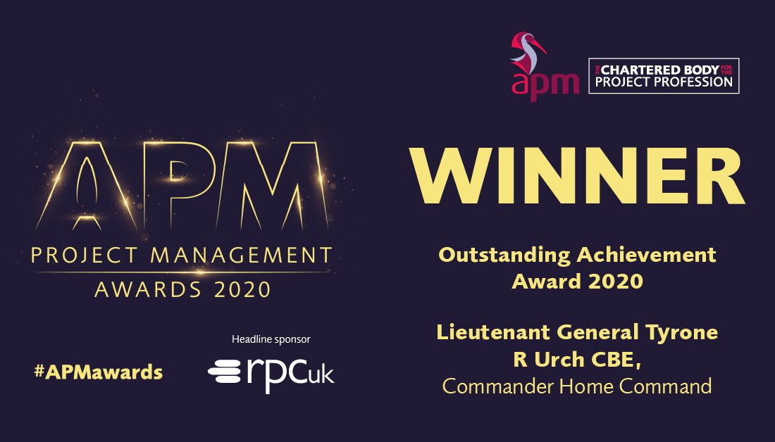 APMProjectMgmt's tweet photo. Congratulations to Lieutenant General Tyrone R Urch CBE, Commander Home Command @UrchTyrone, on winning the Outstanding Achievement Award 2020  #APMawards https://t.co/Z1mJsenFS2