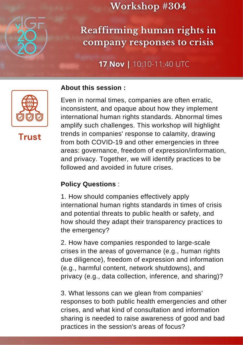 Igf_trust's tweet photo. Starting at 10:10 UTC  in the #IGF2020 #Trust Track: #304 Reaffirming human rights in company responses to crisis

Session details 
https://t.co/Y96HK5Hr8z  

YouTube Livestream of this session available from https://t.co/7yINUcBpb4 https://t.co/ODRAQWwWZg