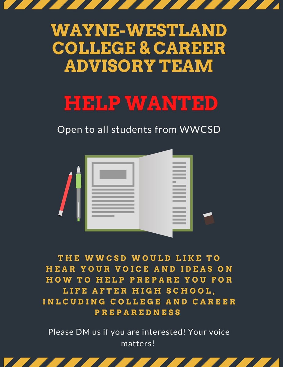 CoalitionWayne's tweet photo. We are looking to recruit students to provide insight from a student’s perspective for the Wayne-Westland College and Career Advisory Team. For more details on how you will be involved, please DM us! https://t.co/DVk5dMm1kZ