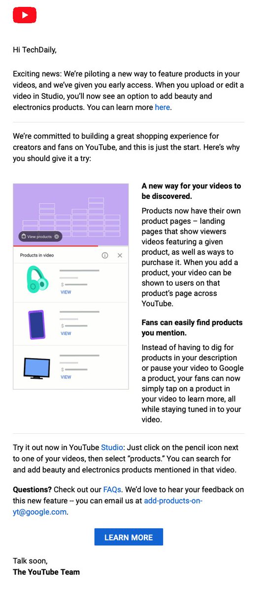 TechDaily's tweet image. Anyone else have the opportunity to try out YouTube's new "add products in video" tool? Just got this email
