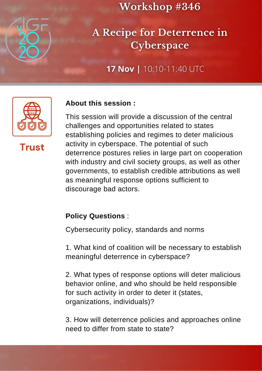 Igf_trust's tweet photo. Starting at 10:10 UTC  in the #IGF2020 #Trust Track: #346 A Recipe for Deterrence in Cyberspace

Session details 
https://t.co/kqBErSfD8e  

YouTube Livestream of this session available from https://t.co/7yINUcT0zE 

#cybersecurity https://t.co/vhQKWOjDGJ