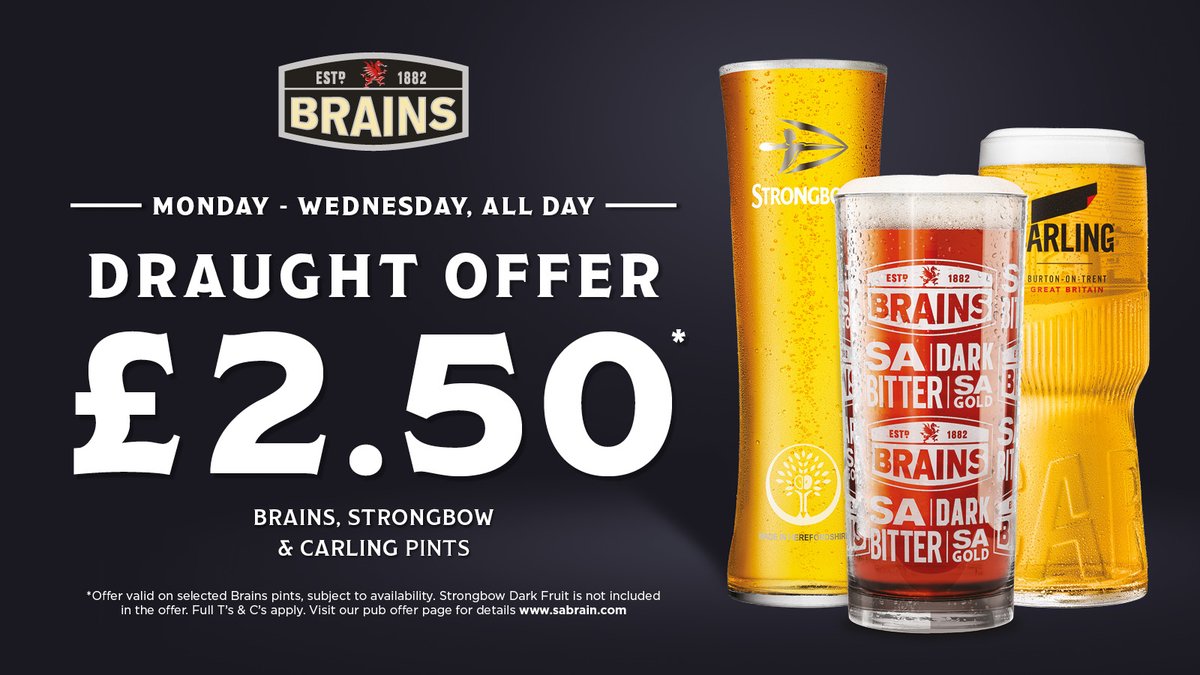 50% off 'Pub Classics' this evening! + £2.50 a pint on selected brands including Barry Island IPA, S.A, Strongbow &amp; Carling