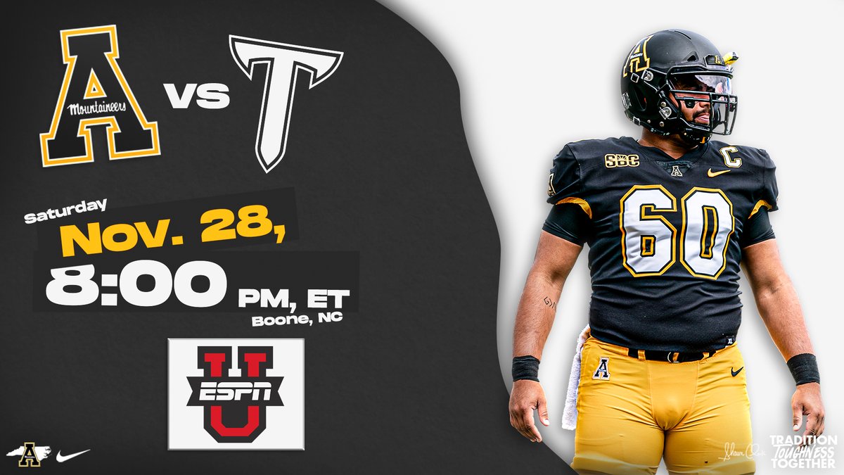 AppState_FB's tweet photo. ๐จ Schedule Update ๐จ
๐ Nov. 28
๐ The Rock
๐ vs. Troy
๐ 8 p.m.
๐บ ESPNU
The 7๏ธโฃ nationally televised games currently assigned to App State's regular-season schedule would tie the school record for an entire season, set last year. #GoApp https://t.co/qNMYkrJfLw