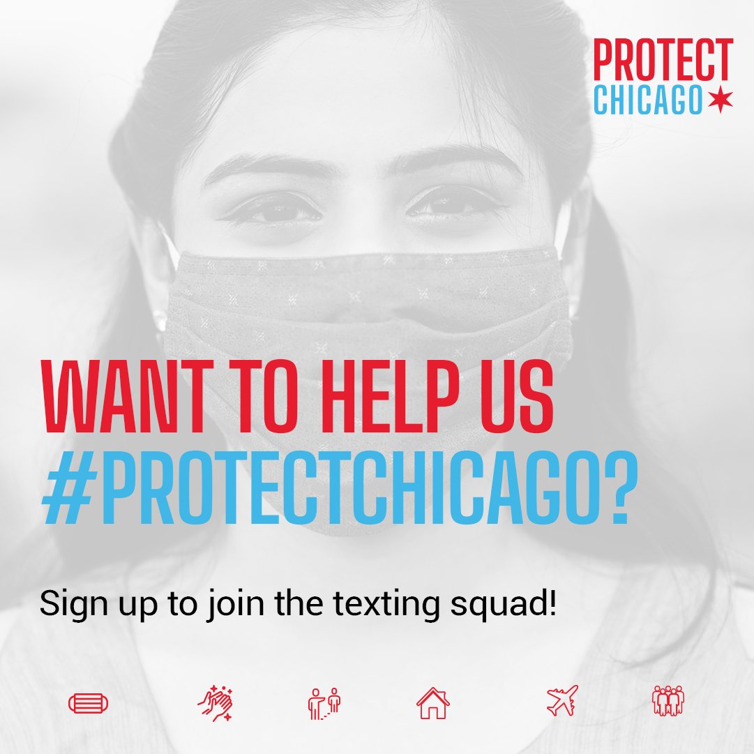 Photo of a woman wearing a mask in the background. In front of the photo, text says "Want to help us #ProtectChicago? Sign up to join the texting squad!"