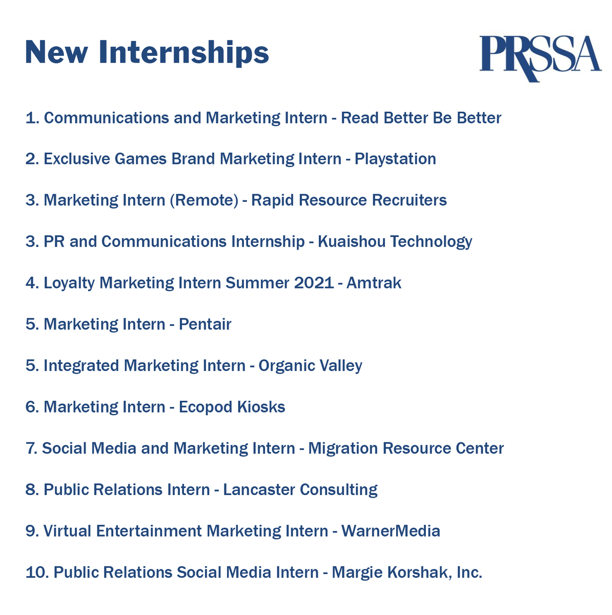 PRSSANational's tweet image. New internships are always being added to the PRSSA Internship Center! 

Check out these opportunities that were just posted here: apps-prssa.prsa.org/career/interns…