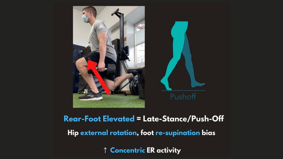 To bias a forward shin angle, the rear foot elevated position is great for this.This pushes the weight onto more of the forefoot to allow for more of that “concentric external rotation”, allowing the glutes and hip extensors to work as they would in activities like sprints.