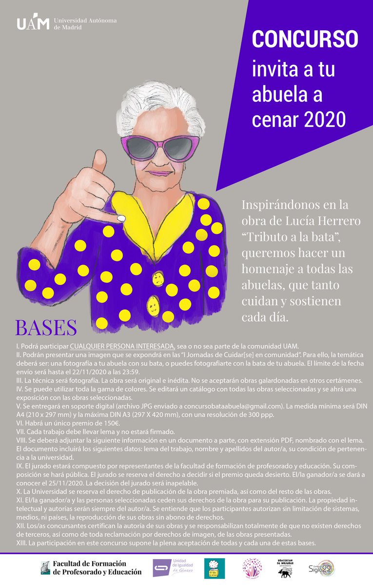 FaculEDUAM's tweet photo. 📣📣📣Dadas las numerosas preguntas e intereses por participar, abrimos el concurso a TODA PERSONA interesada en participar. Info y bases: https://t.co/XQTh86NPsi #cuidarseencomunidad2020 #invitaAtuAbuelaAcenar @UAM_UIgualdadG @GCoedulab @PatioEDUAM @UAM_Madrid @UAM_Biblioteca https://t.co/ZxE5dsaX4O