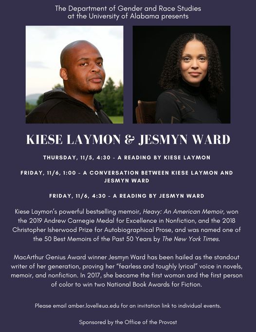 Take a second for yourself this week with individual readings and a conversation between two of the nation's best writers and thinkers, <a href="/jesmimi/">Jesmyn Ward</a> and @KieseLaymon, organized by @GenderRaceUA.