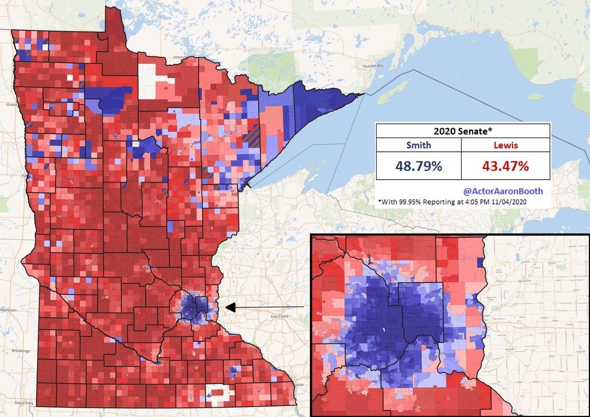 Here are some updated MN precinct maps as of dinner time tonight. Late absentees up in the air plus a couple odds and ends. Austin finally reported and Bemidji looks MUCH better for the Biden than it did this morning. Here is also a Biden/Smith precinct comp.  #MNPol  #MNSen
