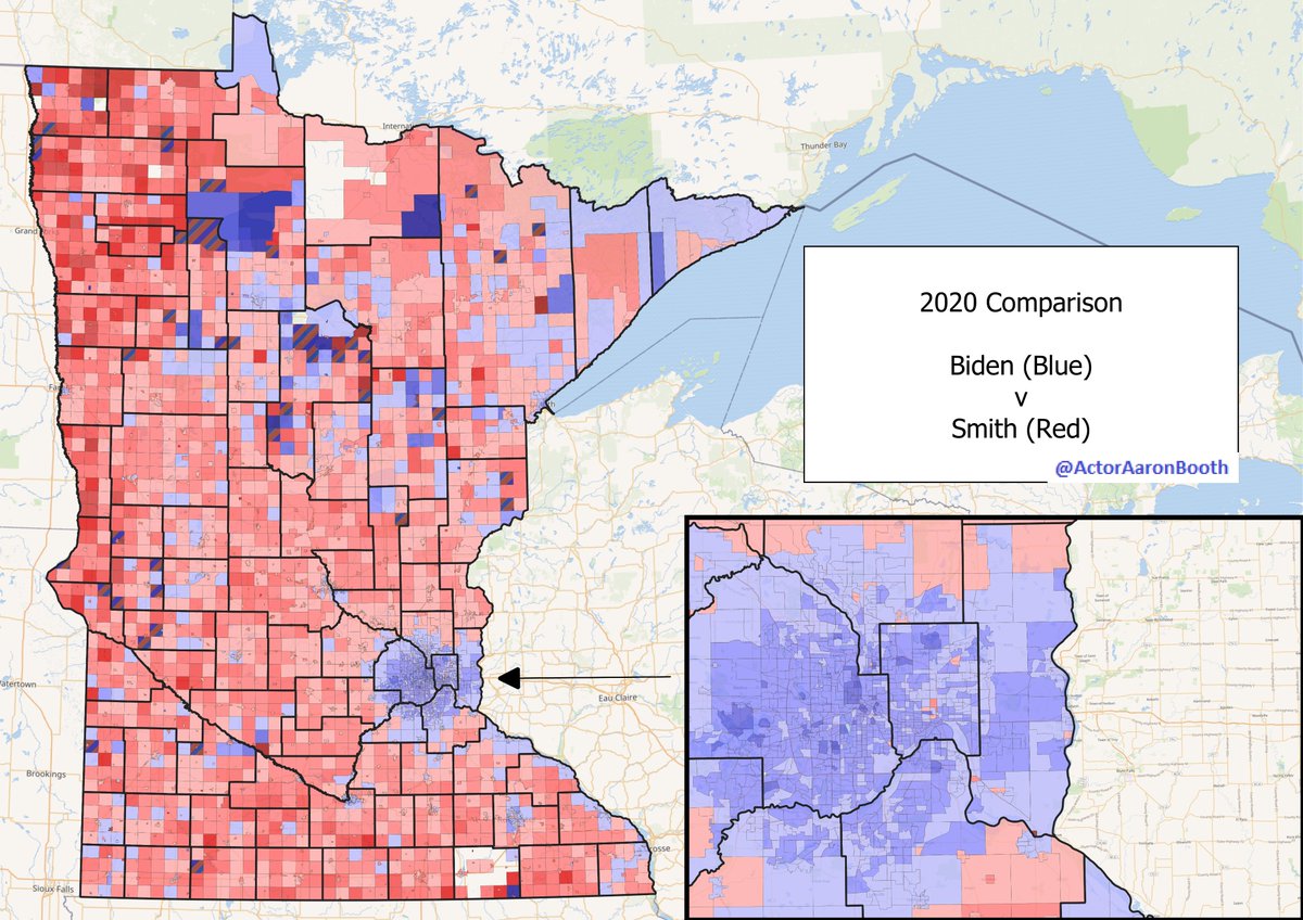 Here are some updated MN precinct maps as of dinner time tonight. Late absentees up in the air plus a couple odds and ends. Austin finally reported and Bemidji looks MUCH better for the Biden than it did this morning. Here is also a Biden/Smith precinct comp.  #MNPol  #MNSen