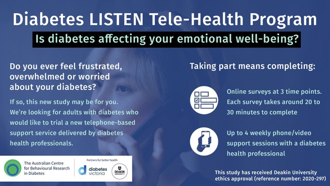ShikhaGray's tweet photo. Are you an adult with diabetes? Is diabetes affecting your emotional health? You may be eligible to take part in a tele-health program delivered by diabetes health professionals. To find out more, click here: https://t.co/5fW0Ozi8Fv https://t.co/KOdMY2BxFZ