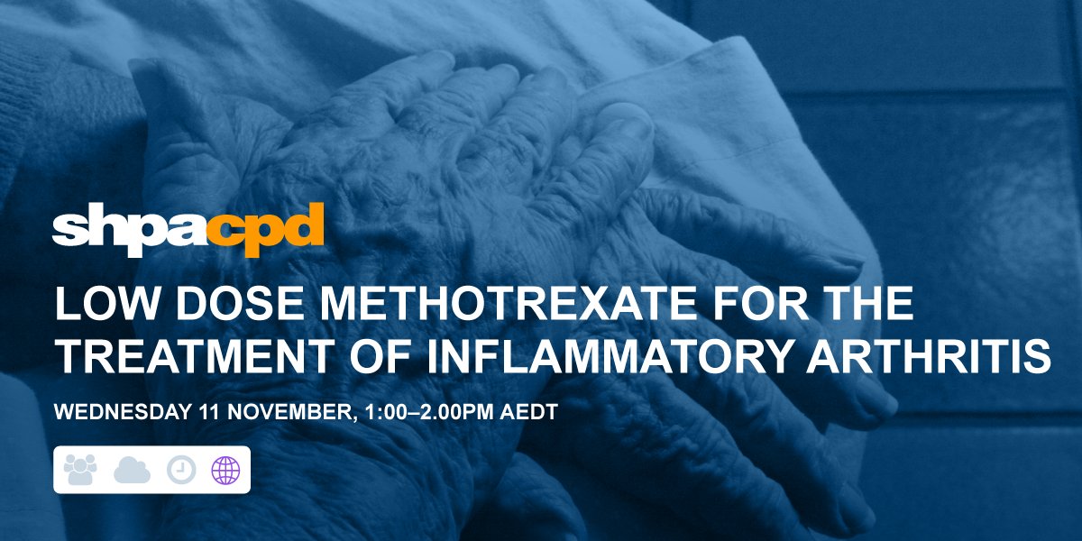 AdPhaAU's tweet photo. SHPA webinar next Wed 11 Nov, 1pm AEDT: Low dose methotrexate for the treatment of inflammatory arthritis
Overview of the pathophysiology of these conditions, ‘explode’ the myths associated with methotrexate + outline key practice points for #pharmacists
https://t.co/Gi90nHpph5 https://t.co/yjvRJCAhLX